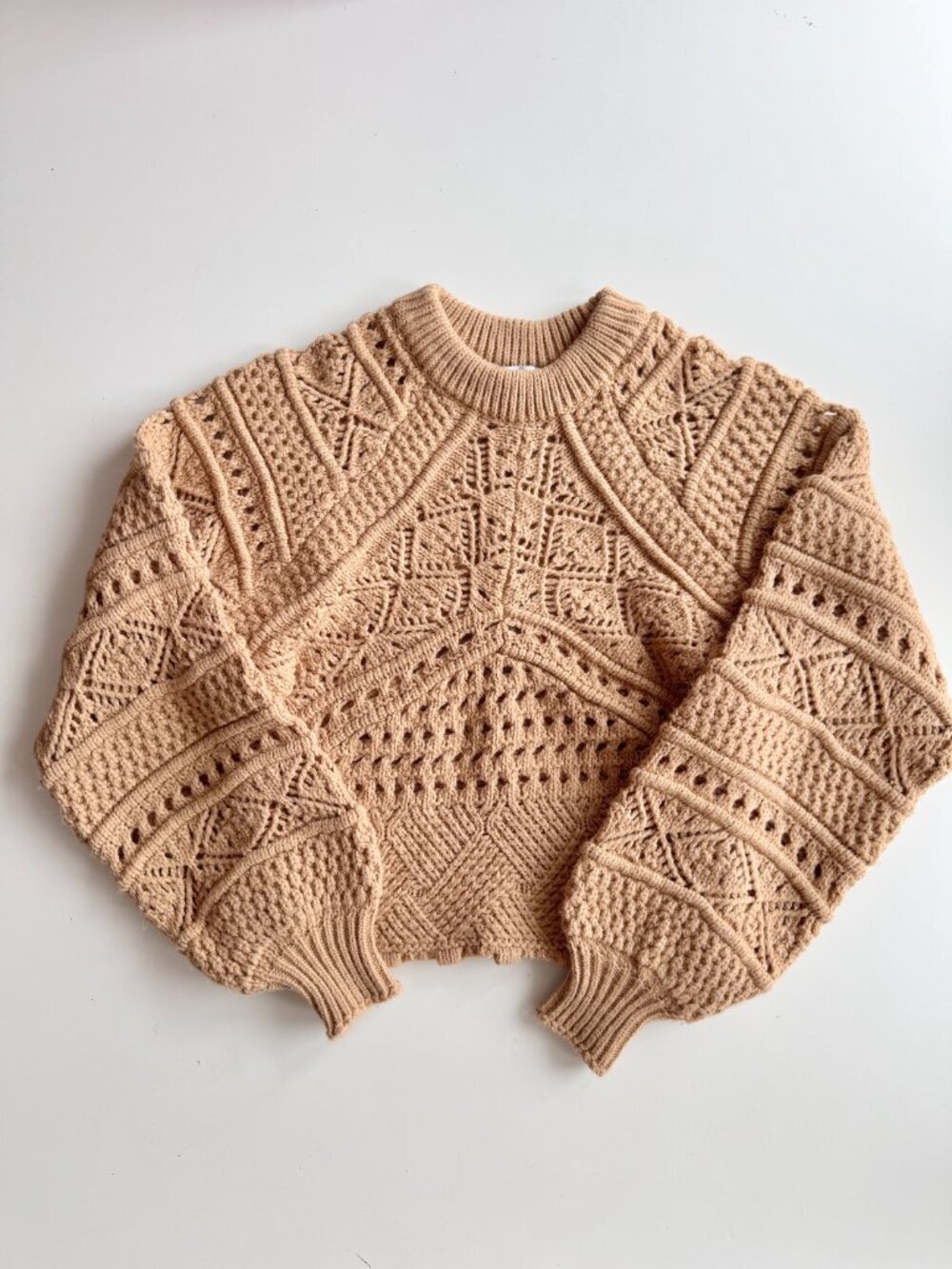 ZARA Tan Acrylic Wool Crochet Pointelle Knit Puff Sleeve Sweater, Size M - Picture 5 of 14